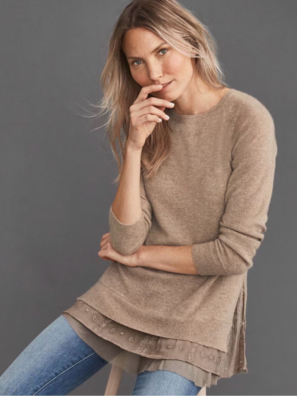 Garnet Hill Shirttail 100%Cashmere Sweater silk lace trim women’s Size S brown